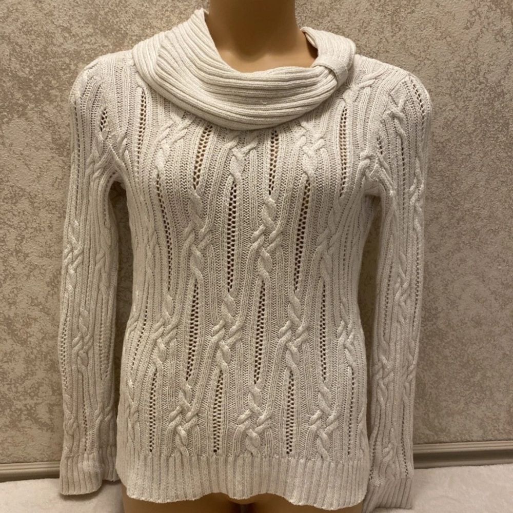 White House Black Market Ivory Cable Knit Cowl Neck Sweater